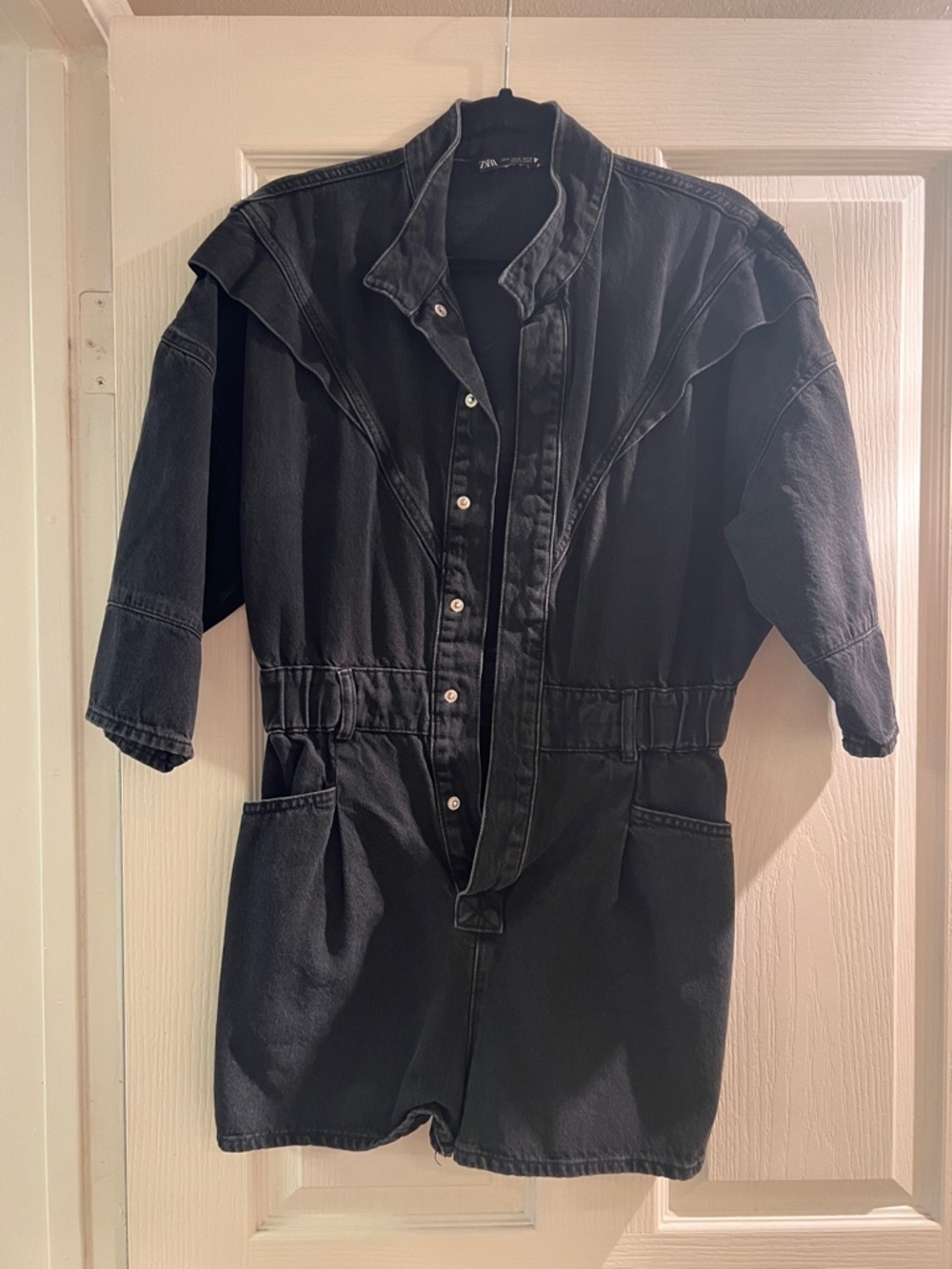 Zara Black Denim Romper with Short Sleeves